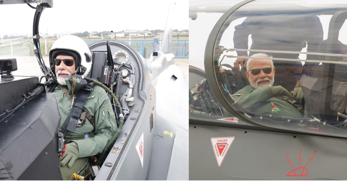 Image of PM Modi flying in Tejas fighter jet, Image of Tejas fighter jet taking off, Image of Indian Air Force insignia