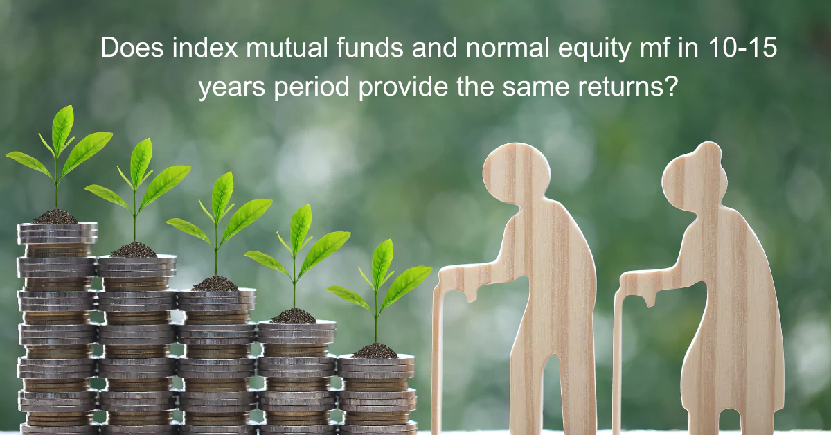 A comparison of mutual funds and index funds with wooden figures and coin stacks