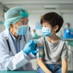 A doctor wearing a mask and protective gear examines a child in a hospital setting in china Pneumonia outbreak