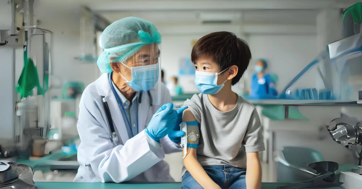 A doctor wearing a mask and protective gear examines a child in a hospital setting in china Pneumonia outbreak