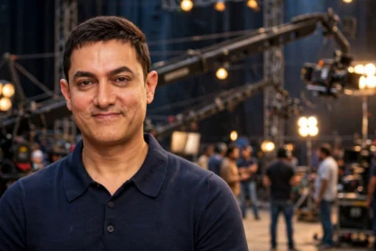 Aamir Khan. Photo: Prime Minister's Office / Wikimedia Commons (GODL-India); background composite.