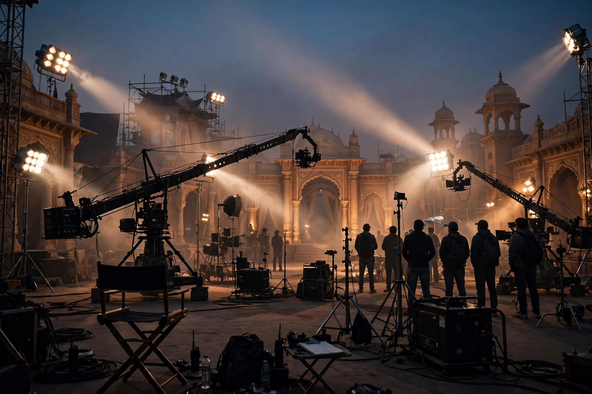 A film studio set with cameras and lights, representing a big Bollywood production