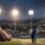 Floodlit cricket stadium in Wellington during a night T20 match, batter in blue playing a shot.