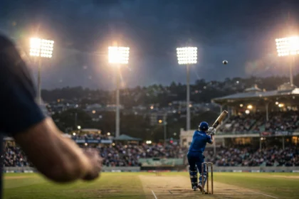 Floodlit cricket stadium in Wellington during a night T20 match, batter in blue playing a shot.