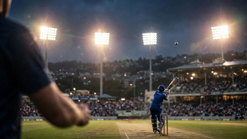Floodlit cricket stadium in Wellington during a night T20 match, batter in blue playing a shot.