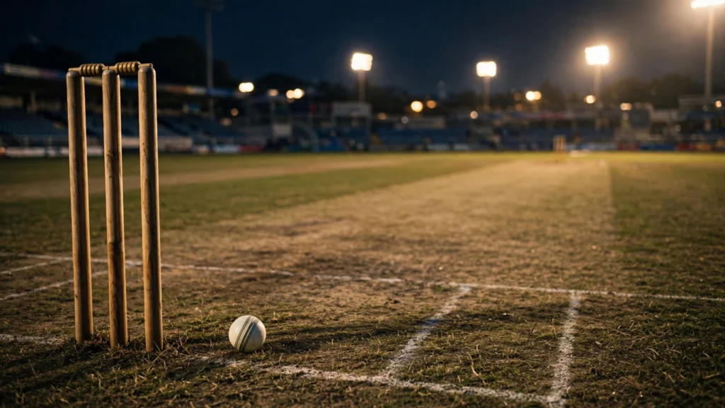 Cricket stumps and ball on the pitch under floodlights at night.