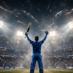 Abhishek Sharma celebrating a record six at a night stadium