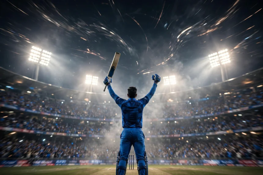 Abhishek Sharma celebrating a record six at a night stadium