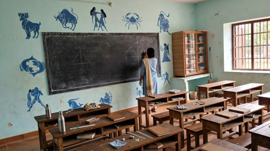 A teacher at the blackboard in a government school classroom in India. Classroom image generated from a real Wikimedia Commons photo.
