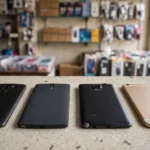Smartphones on display in a mobile phone shop in India