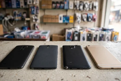 Smartphones on display in a mobile phone shop in India