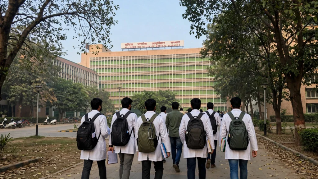 Medical graduates walking toward the AIIMS New Delhi building