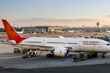 Air India Boeing 787 Dreamliner at an airport gate. AI-generated image grounded in a real photo by RyanZ225 PC / Wikimedia Commons (CC BY-SA 4.0).