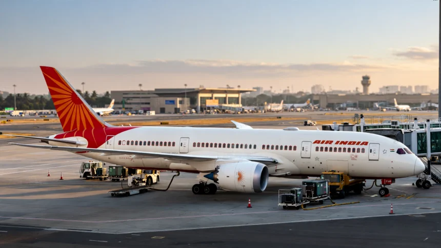 Air India Boeing 787 Dreamliner at an airport gate. AI-generated image grounded in a real photo by RyanZ225 PC / Wikimedia Commons (CC BY-SA 4.0).