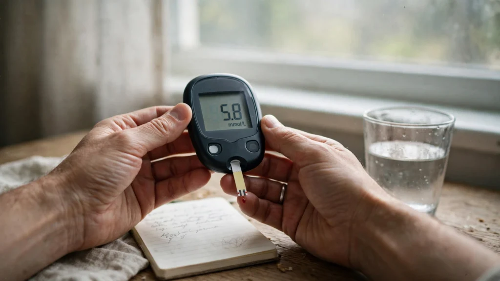 Hands holding a blood glucose meter
