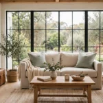Cozy vacation rental living room with a traveller's suitcase.