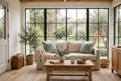 Cozy vacation rental living room with a traveller's suitcase.