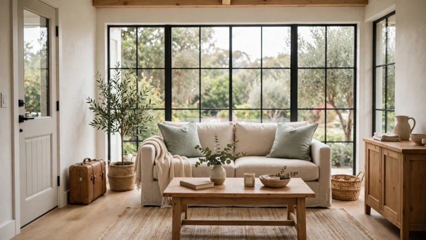 Cozy vacation rental living room with a traveller's suitcase.