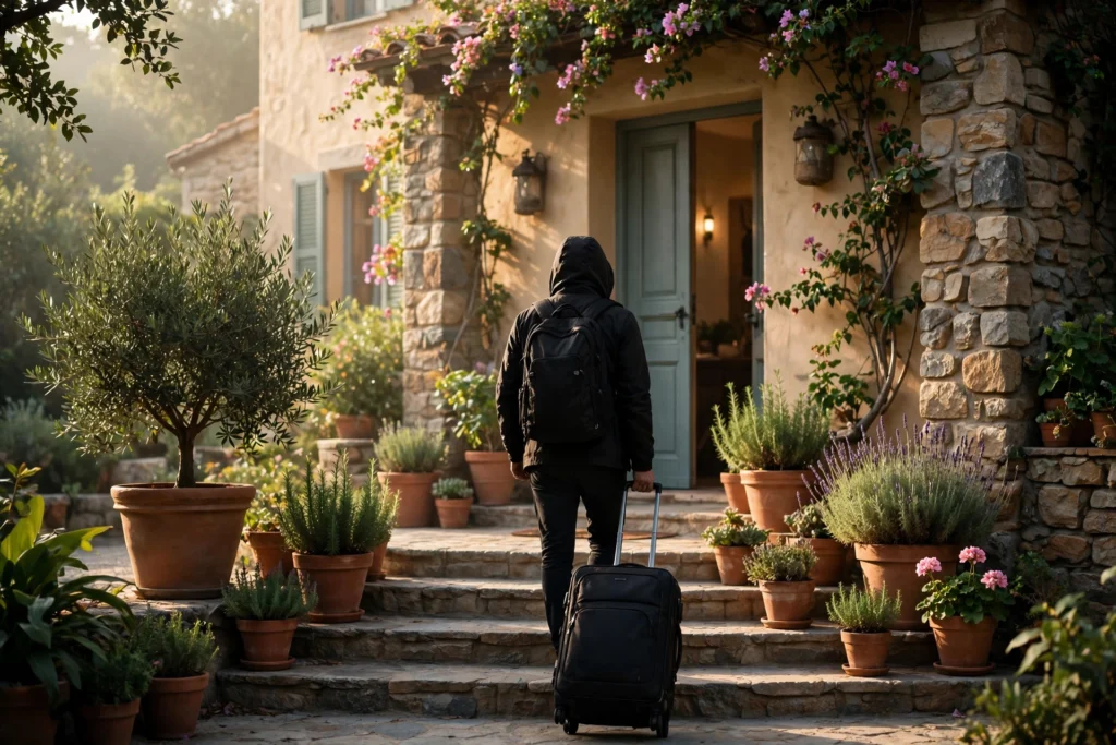 Traveller arriving with a suitcase at a holiday villa entrance.