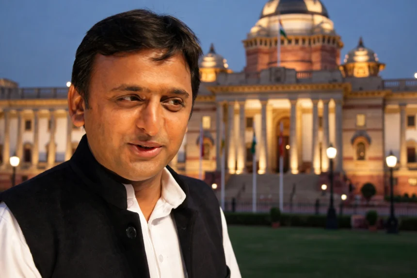 Akhilesh Yadav. Photo: Prateek Dubey / Wikimedia Commons (background composite)