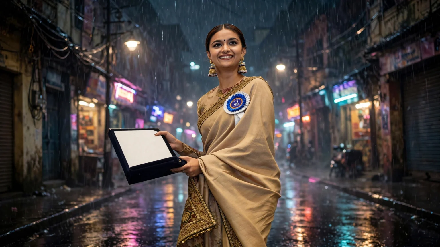 Keerthy Suresh in Akka, Netflix's gangster saga premiering October 30 (Photo: Wikimedia Commons, public domain; background composite)