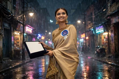 Keerthy Suresh in Akka, Netflix's gangster saga premiering October 30 (Photo: Wikimedia Commons, public domain; background composite)