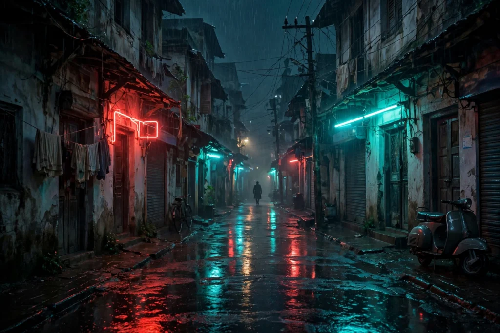 Neon-lit 1980s-style street evoking Pernuru, the fictional city in Netflix's Akka