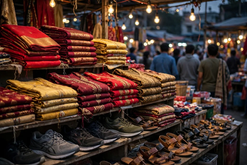 Festive shopping in India, with colourful clothing, footwear and gift items arranged for the season.