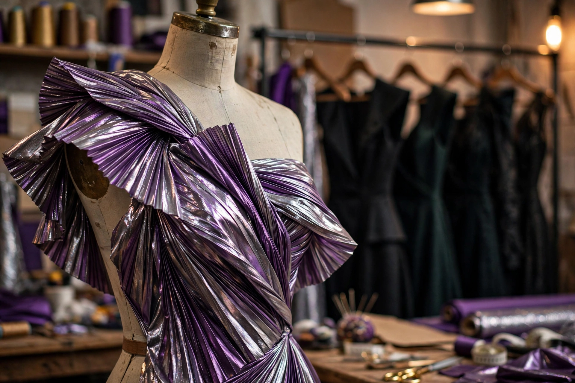 Sculptural metallic pleated fabric in a designer's atelier, echoing Amit Aggarwal's signature pleating (illustrative image)