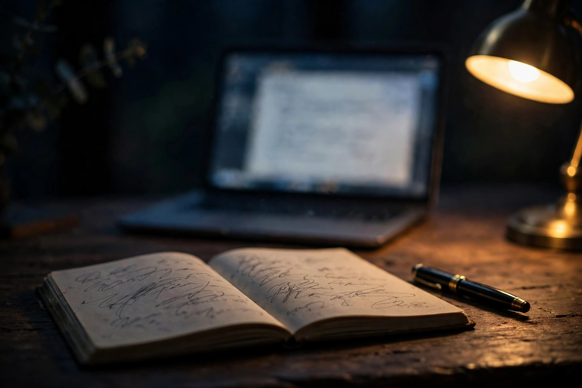 A quiet writing desk at night, symbolising Amitabh Bachchan's daily blog and writing ritual