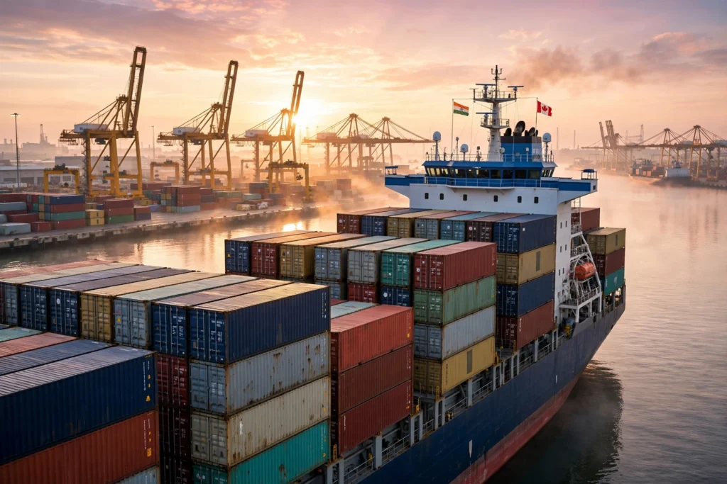 Container cargo ship with India and Canada flags, representing growing India-Canada trade