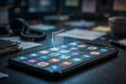 iPhone with app icons and a security shield, symbolizing Apple's App Store crackdown on AI nudify apps.