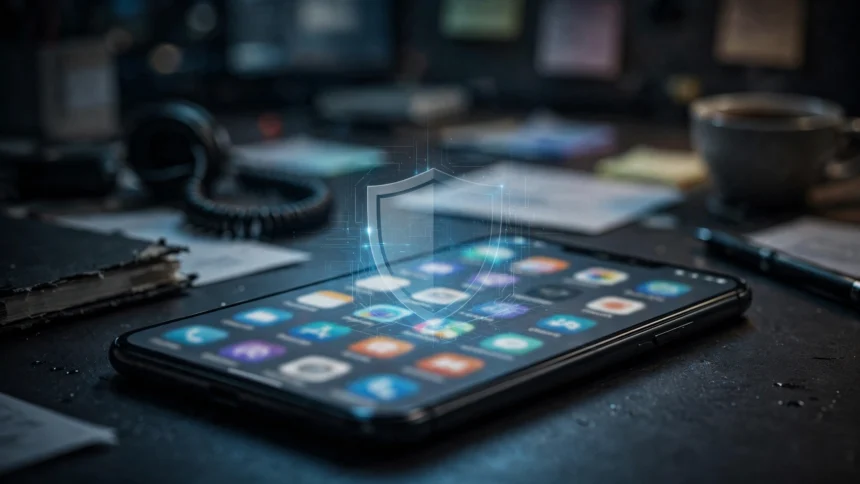 iPhone with app icons and a security shield, symbolizing Apple's App Store crackdown on AI nudify apps.