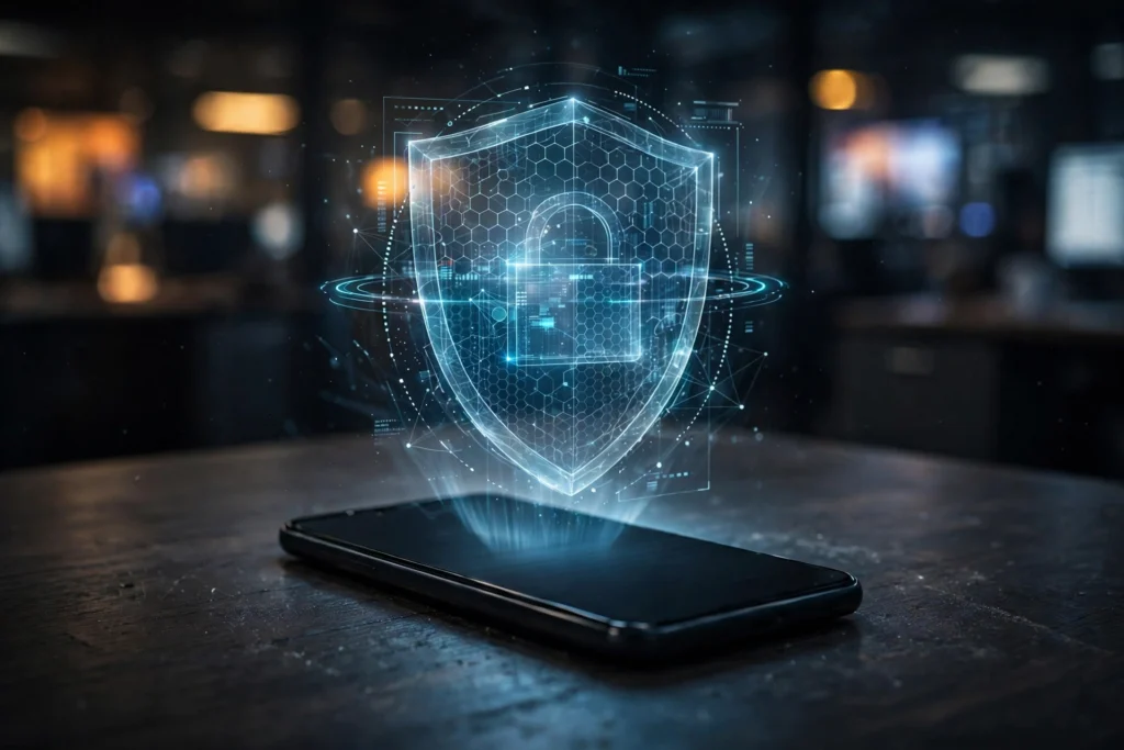 Security shield hologram over a smartphone, symbolizing app store content moderation.