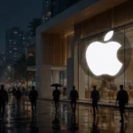 Apple-style flagship store in an Indian city at night (editorial illustration; Apple logo from Wikimedia Commons)
