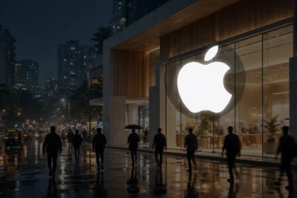 Apple-style flagship store in an Indian city at night (editorial illustration; Apple logo from Wikimedia Commons)