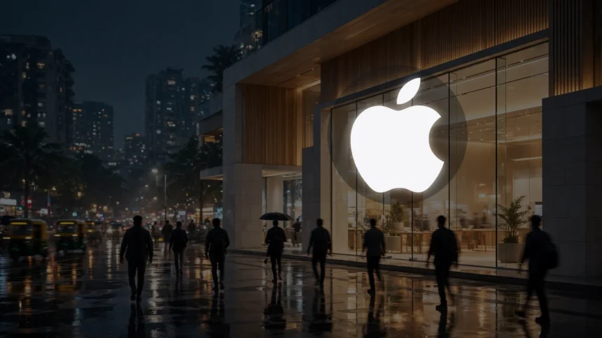 Apple-style flagship store in an Indian city at night (editorial illustration; Apple logo from Wikimedia Commons)