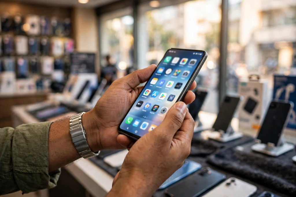 A customer holding a premium smartphone inside a retail store in India (representative image)