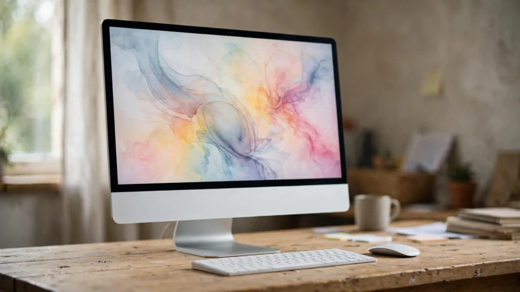 A slim all-in-one desktop computer on a wooden desk in natural light