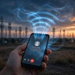 Smartphone with an active voice call over telecom towers at dusk; Airtel logo badge