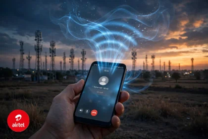 Smartphone with an active voice call over telecom towers at dusk; Airtel logo badge