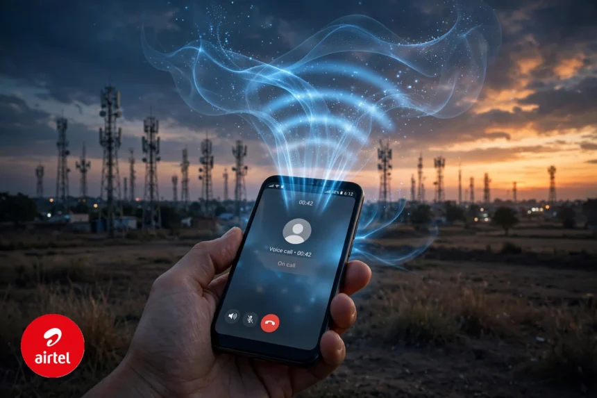 Smartphone with an active voice call over telecom towers at dusk; Airtel logo badge
