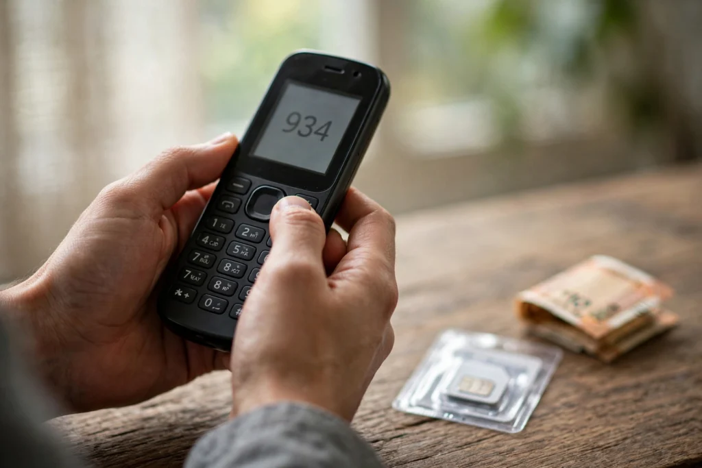 Hands holding a feature phone next to a SIM card and Indian rupee notes