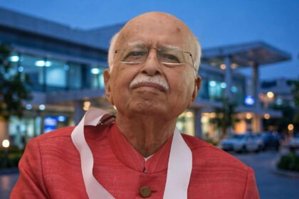 L.K. Advani. Photo: Prime Minister's Office (GODL-India) via Wikimedia Commons; AI-composite background.