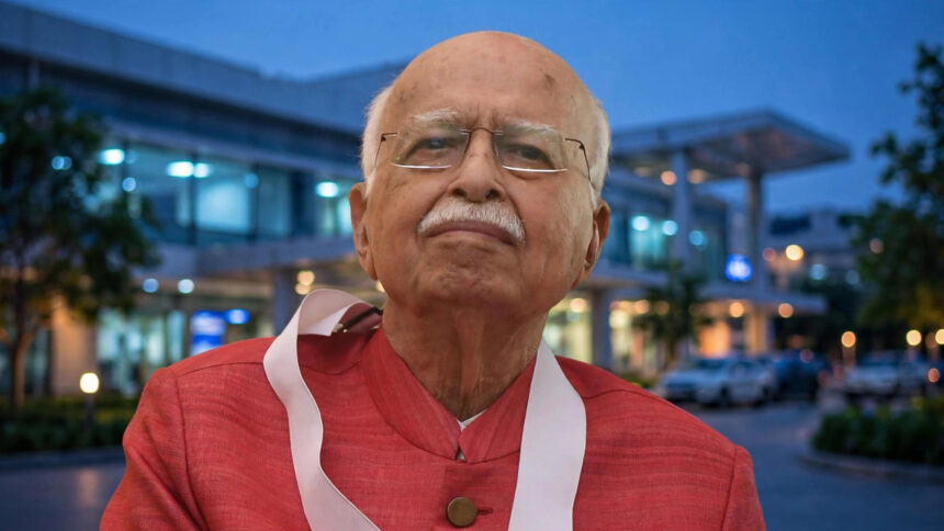L.K. Advani. Photo: Prime Minister's Office (GODL-India) via Wikimedia Commons; AI-composite background.