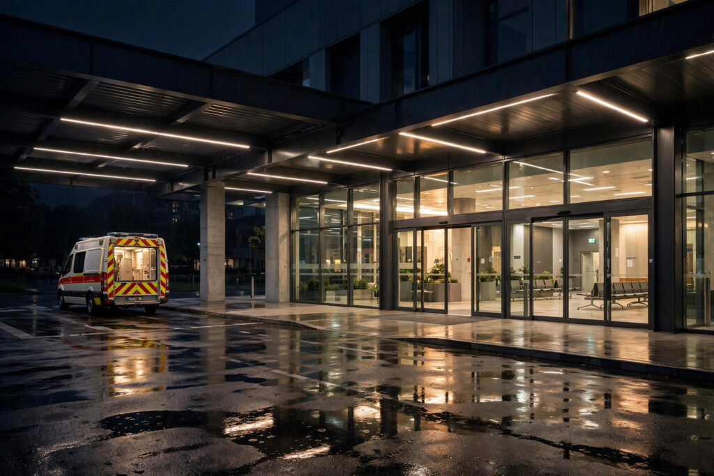 Hospital entrance at night with an ambulance on standby.