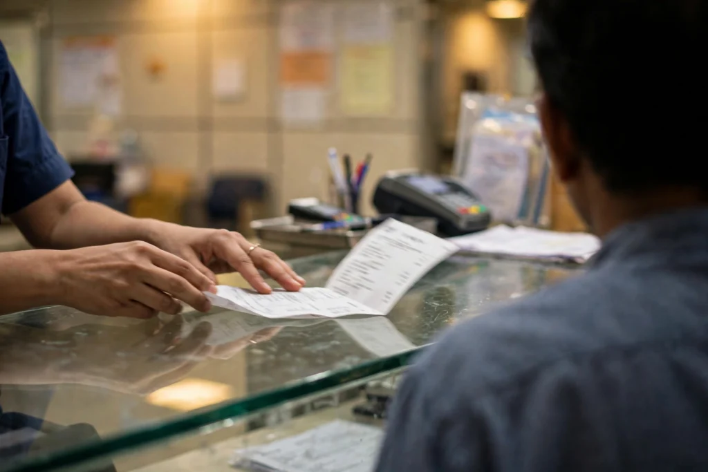 A hospital staff member handing a printed bill to a patient at the billing counter