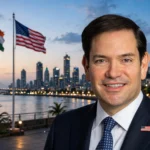 US Secretary of State Marco Rubio with India and US flags against the Mumbai skyline. Photo: U.S. Department of State / Wikimedia Commons (background composite)