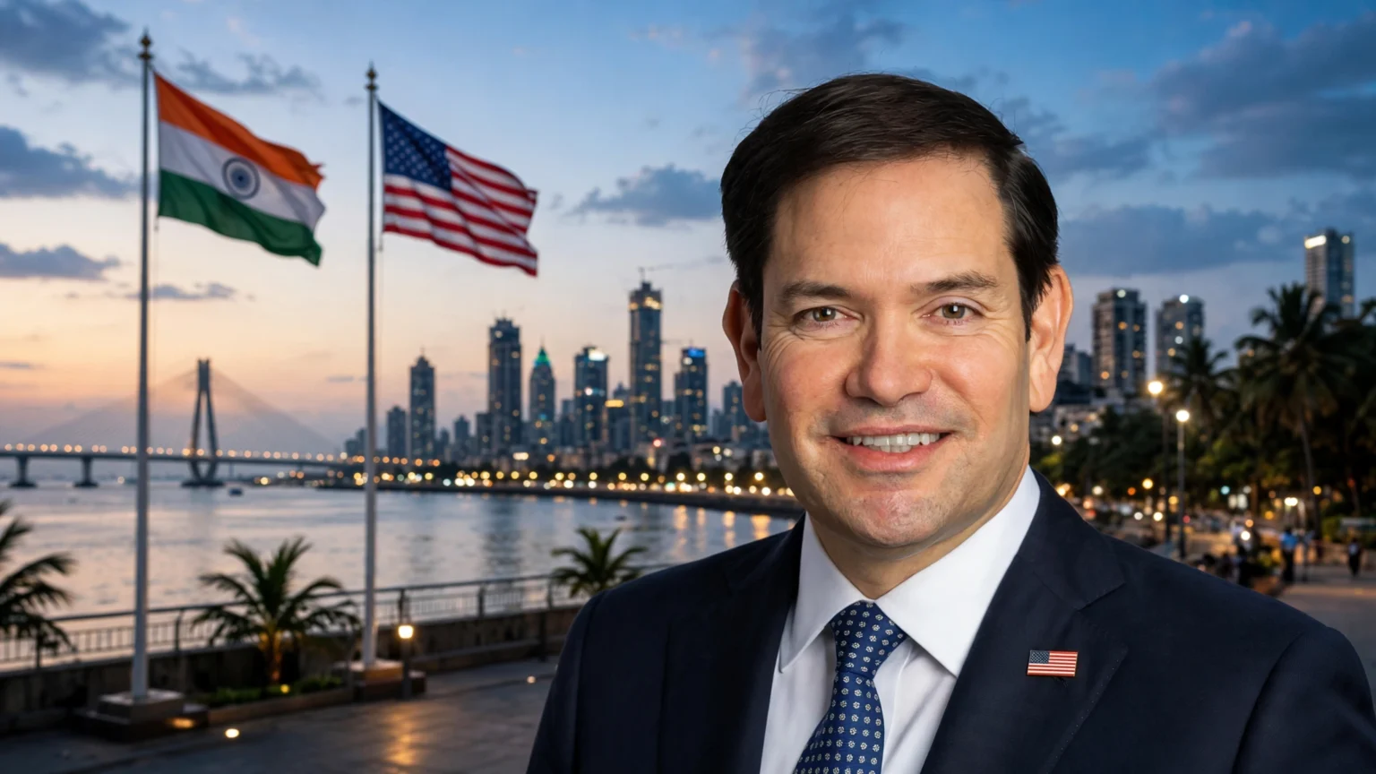 US Secretary of State Marco Rubio with India and US flags against the Mumbai skyline. Photo: U.S. Department of State / Wikimedia Commons (background composite)