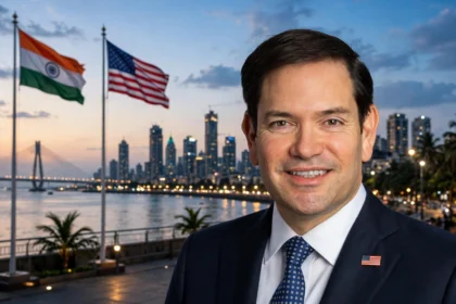 US Secretary of State Marco Rubio with India and US flags against the Mumbai skyline. Photo: U.S. Department of State / Wikimedia Commons (background composite)